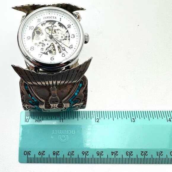 Native American Peyote Bird Coral Turquoise Sterling Silver Watch Cuff 133 Grams - Picture 8 of 9